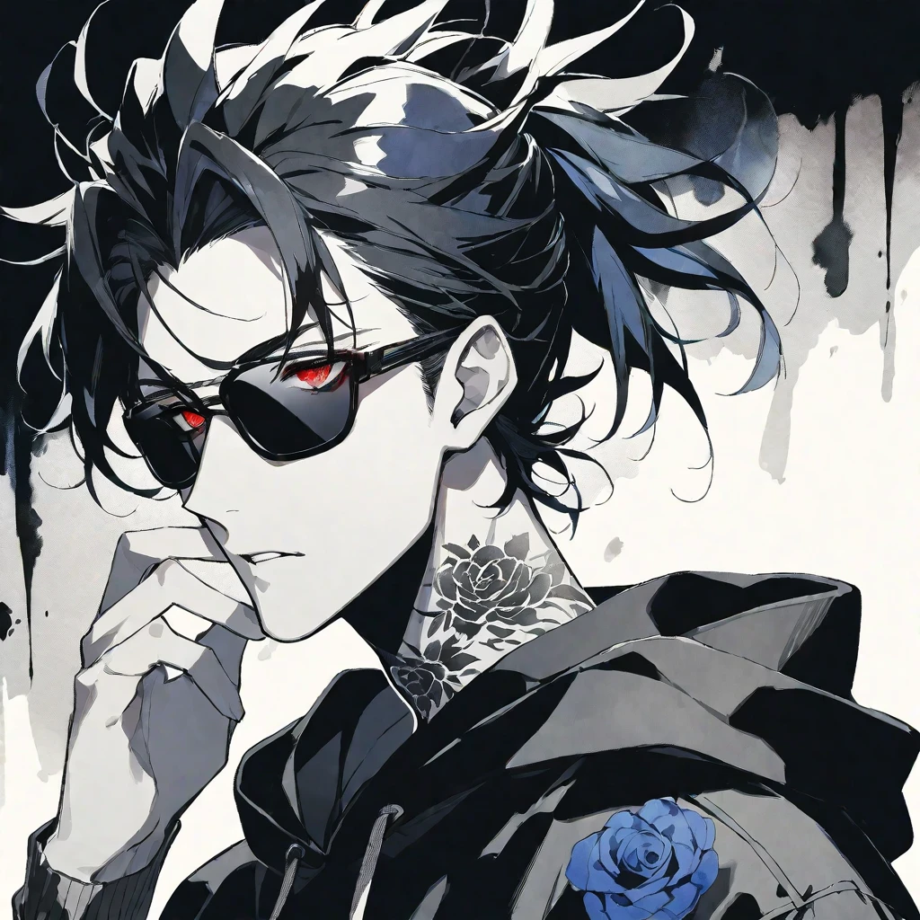 solo, handsome, Monochrome,watercolor,1 male, Ponytail, Braided black hair, red eyes, Gojo Satoru,casual,Blue Rose Tattoo,black Oversized hoodie,casual,Stylish,cool,sunglasses,
blackbackground,icon,Despise face up