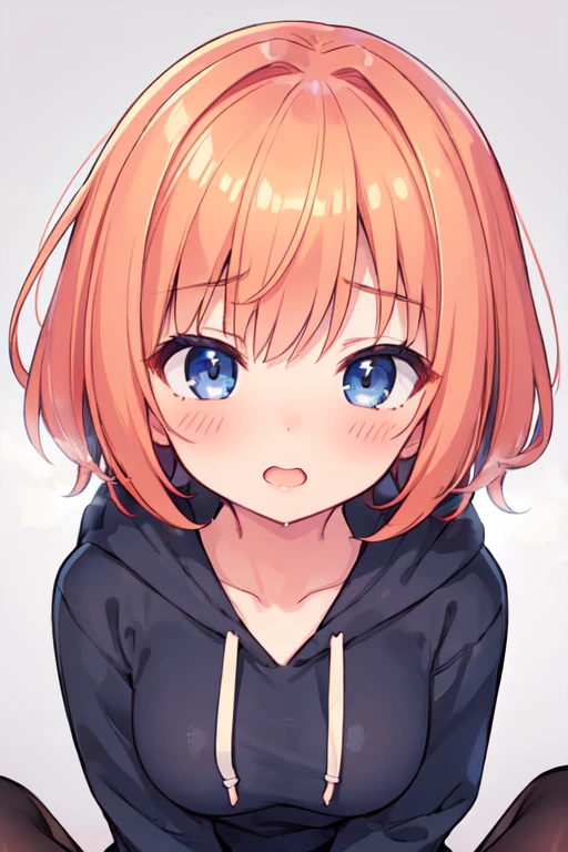 (best quality, masterpiece:1.2), ultra detailed, extremely face, natural skin texture, detailed skin, natural lighting,
 16-year-old, early teens,
 short hair, straight hair, orange hair, shiny hair,
 blue eyes,
 medium breasts,
 black hoodie, white and pink striped panties,
 BREAK (orgasm face, aroused, blush:1.2), (steam), white background,