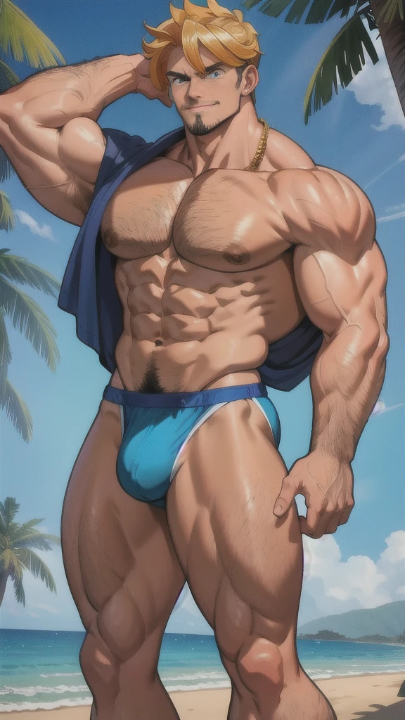 Escanor, bare-chested, massive bulge in the beach underwear, hairy legs wide open, muscular giant, 3 meters tall bodybuilder, flexing, massive biceps, oversized biceps are 240 inches, with long oversized arms, bulging muscles, prominent veins, broad shoulders, beefy build, hefty, muscle swelling, very hot male, beefy pecs, hairy chest, six-pack ABS, hairy abdomen, hairy groin.