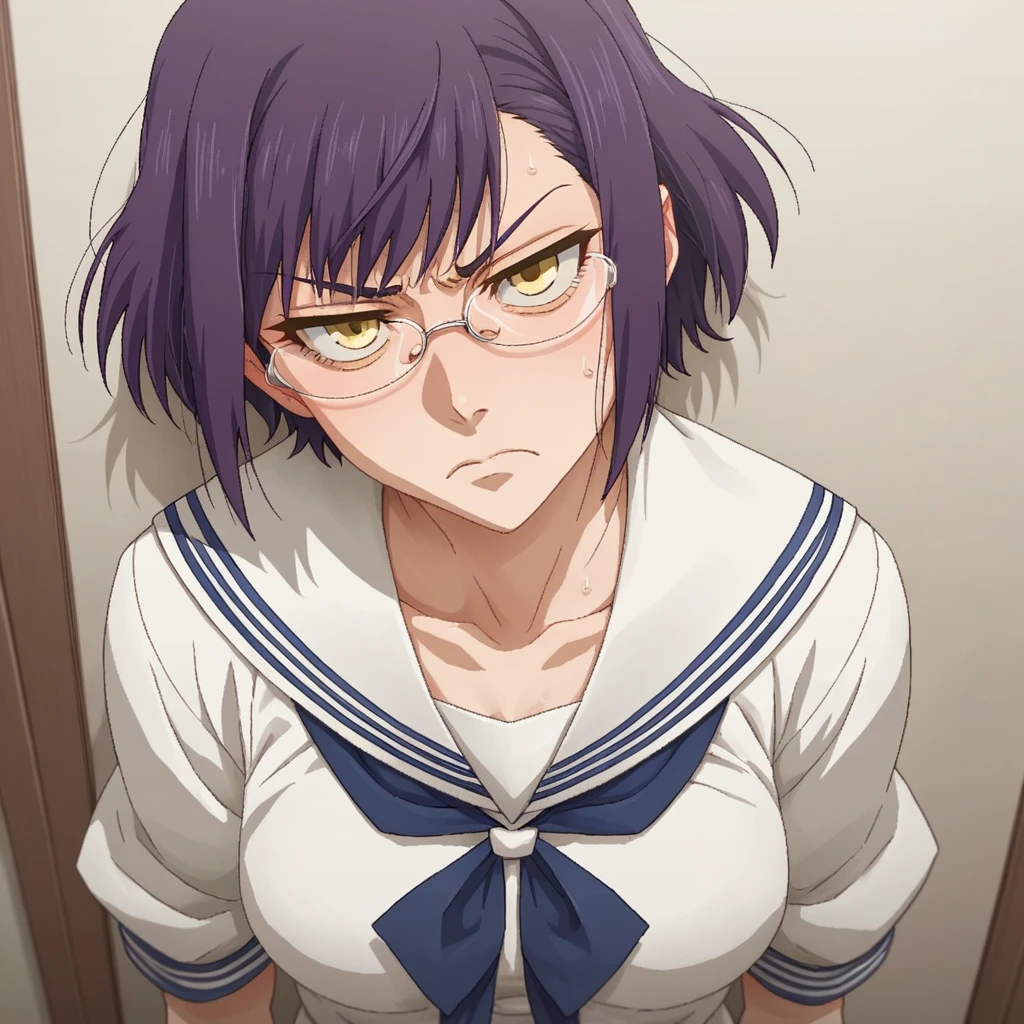 1girl,Solo,dark purple hair,yellow eyes,medium breasts,sailor,straight hair,pov,straight on,best quality, very aesthetic, absurdres,cowboy shot,eyewear,serious,serious,(Tsutomu Gari),(Embarrassing)