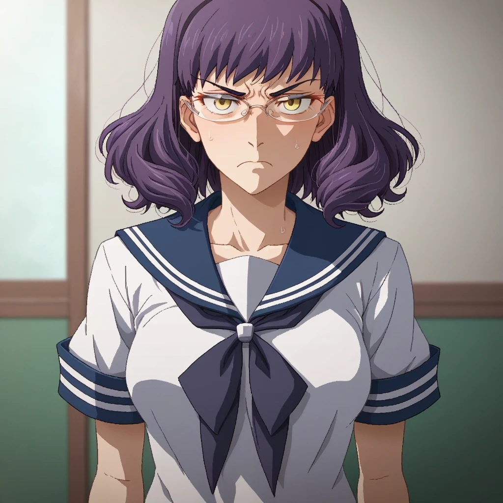 1girl,Solo,dark purple hair,yellow eyes,medium breasts,sailor,straight hair,pov,straight on,best quality, very aesthetic, absurdres,cowboy shot,eyewear,serious,serious,(Tsutomu Gari),(Embarrassing)