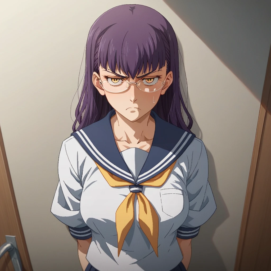 1girl,Solo,dark purple hair,yellow eyes,medium breasts,sailor,straight hair,pov,straight on,best quality, very aesthetic, absurdres,cowboy shot,eyewear,serious,serious,(Tsutomu Gari),(Embarrassing)