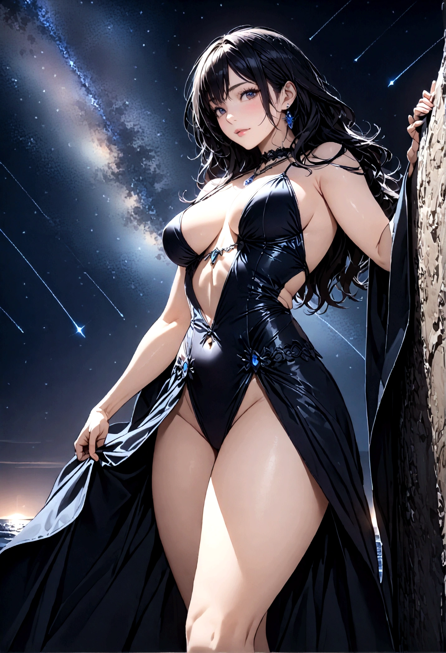 8k, chef-d&#39;artwork, Photos brutes, la plus haute qualité, realistic, very detailed, Profondeur de la limite écrite, Cinematic light, Corps anatomiquement correct, 
Une belle femme de 40 ans, Très beau visage, Superbly detailed face, (Un visage calme et doux:1.4), Texture de peau très délicate, Muscle transparent, peau blanche et brillante, Corps glamour, 
(Long wavy black hair:1.2), Seins sexy, cul sexy, 
(Robe longue transparente fendue:1.2), (detailed fabric texture:1.2), (magnifique collier:1.1), (Magnifiques boucles d&#39;oreilles:1.1), 
(dark starry background:1.4), (Milky Way:1.1), (Milky Way:1.1), (shooting star:1.1), (Dark coast at night:1.4), (Surface de la mer Noire:1.4), 
(Debout sur la plage:1.2), 
(Low angle shot:1.3), 