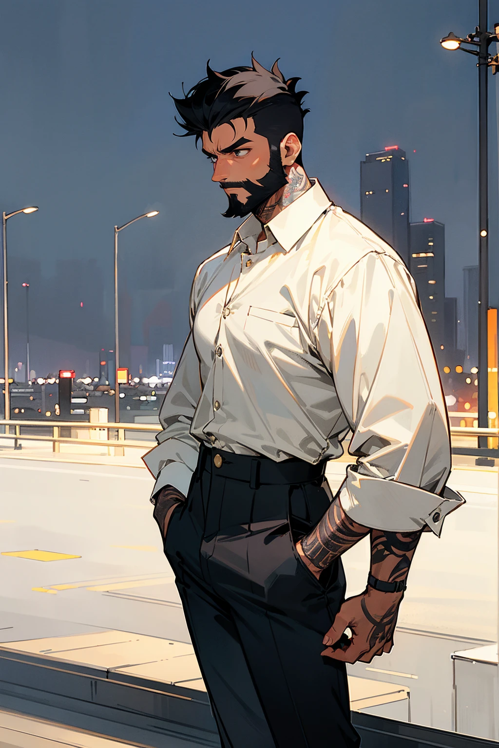 1male, tan skin, black hair, short spiked hair, black beard, full arm tattoos, baggy white shirt, blank pants, expressionless, city background, detailed background, standing on path, hands to side