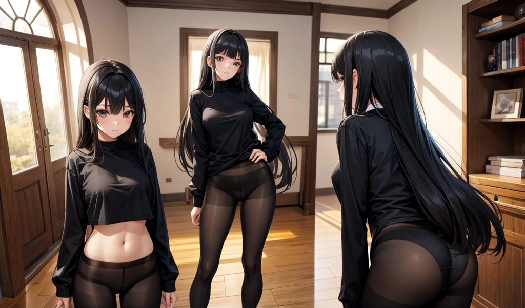 Black long straight hair woman，shirt tops，，underwear，pantyhose，Standing，indoor