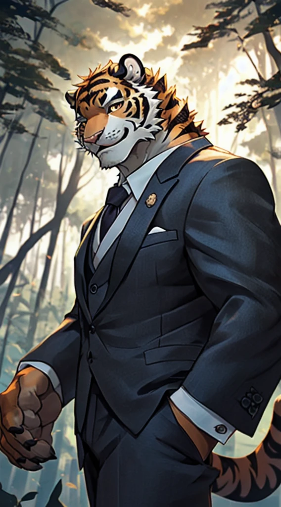 Official Art, masterpiece, Extremely detailed, (Clear focus:0.6), Depth of Field, Perfect lighting, best quality,
hairy, male, Siberian tiger, (Cats:0.3), Hybrids ,Suit attire, Smile,
Dynamic Angle,Forest Background,strong,Black pupil,fur