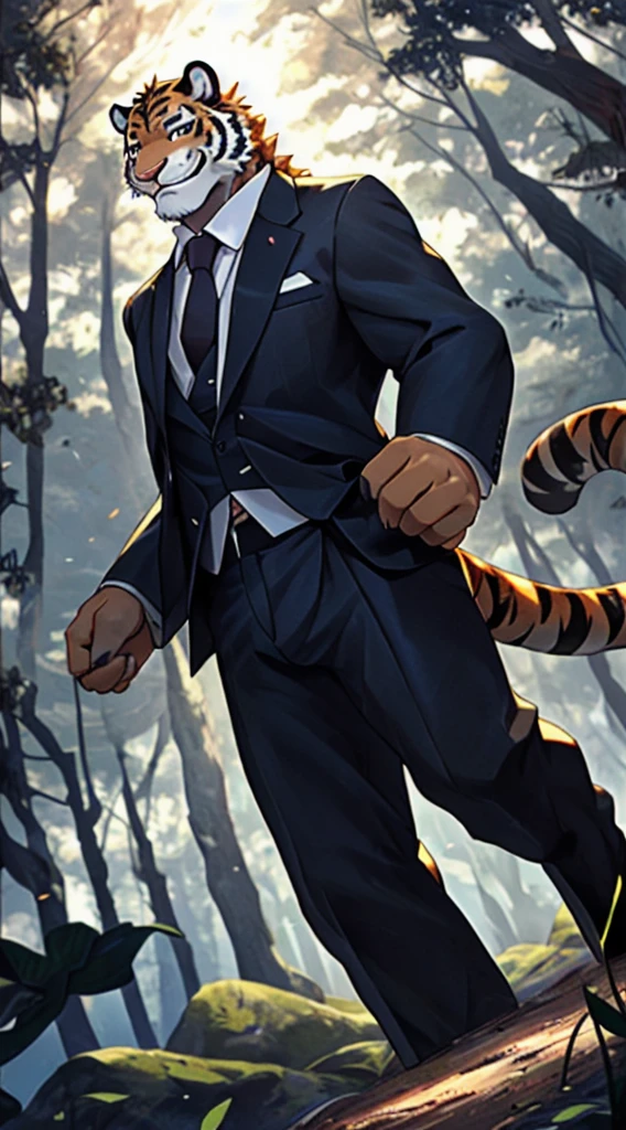 Official Art, masterpiece, Extremely detailed, (Clear focus:0.6), Depth of Field, Perfect lighting, best quality,
hairy, male, Siberian tiger, (Cats:0.3), Hybrids ,Suit attire, Smile,  
Dynamic Angle,Forest Background,strong,Black pupil,fur