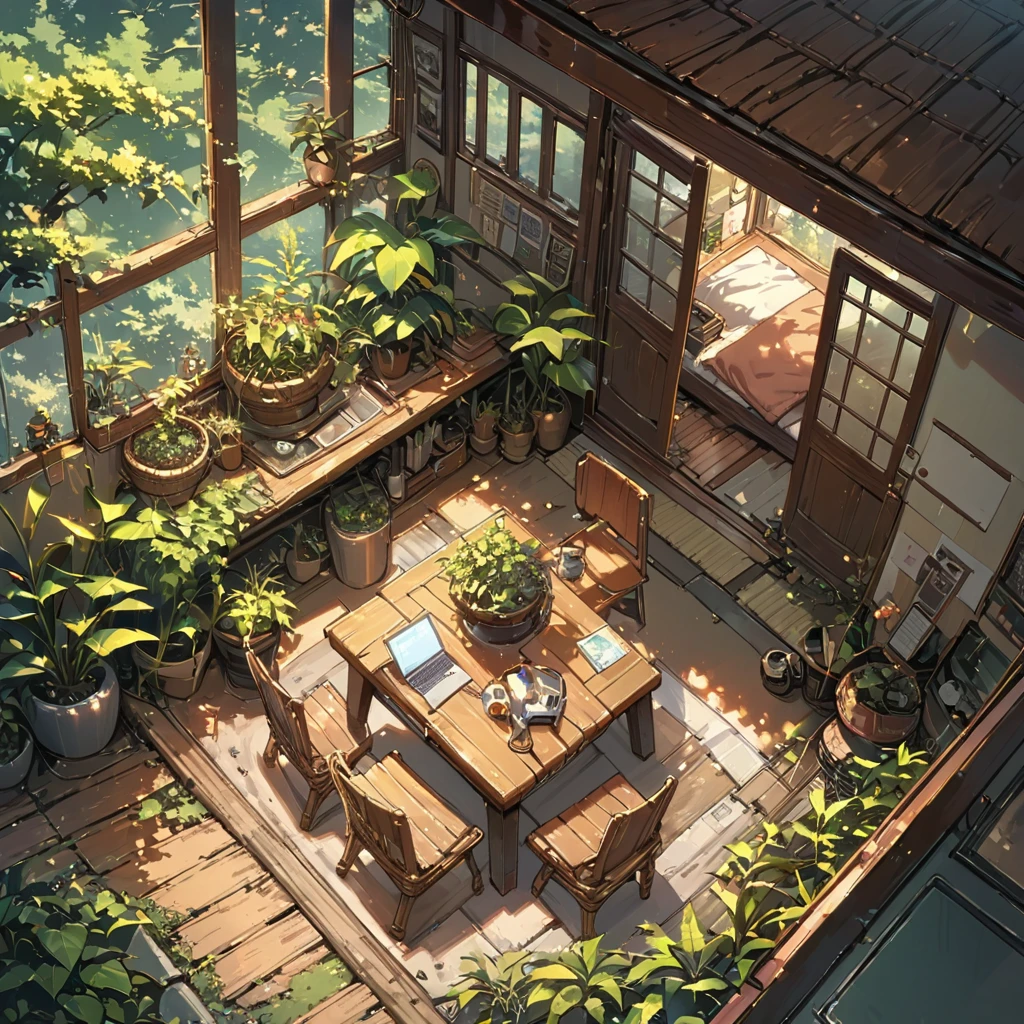 ((anime:1.4,illustration)),(masterpiece, top quality, best quality),(ultra-detailed, absolutely resolution),((16k, high res)), (((cozy lofi veranda with plants,))), ((cosy lofi illustration:1.4)), ((anime:1.4, illustration)),(masterpiece, top quality, best quality),(ultra-detailed, absolutely resolution),((16k, high res)) BREAK {lofi art, style of Laurie Greasley, style of Makoto Shinkai, anime aesthetic}, BREAK { (produces images with information than 40 million pixels with cinematic-like detailed textures shot on a Sony SLR).}, (((from above)))