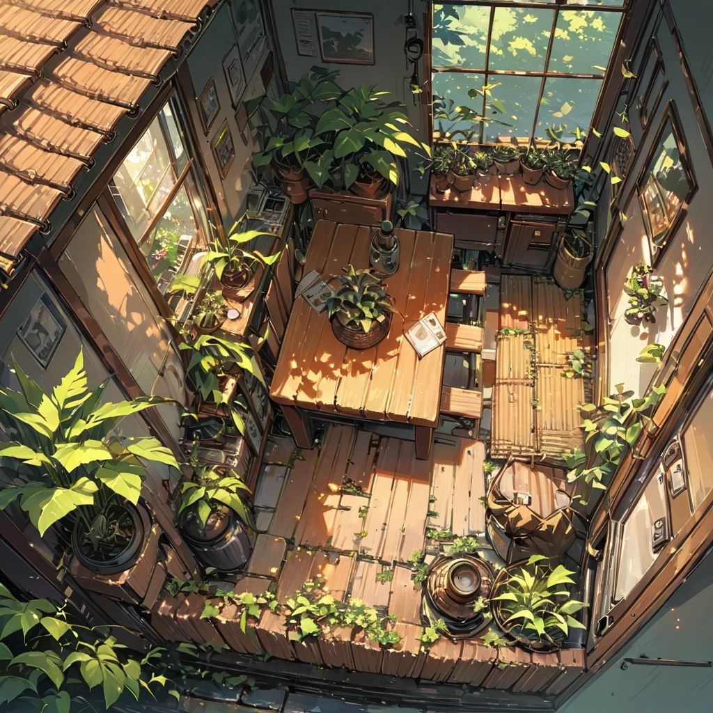 ((anime:1.4,illustration)),(masterpiece, top quality, best quality),(ultra-detailed, absolutely resolution),((16k, high res)), (((cozy lofi veranda with plants,))), ((cosy lofi illustration:1.4)), ((anime:1.4, illustration)),(masterpiece, top quality, best quality),(ultra-detailed, absolutely resolution),((16k, high res)) BREAK {lofi art, style of Laurie Greasley, style of Makoto Shinkai, anime aesthetic}, BREAK { (produces images with information than 40 million pixels with cinematic-like detailed textures shot on a Sony SLR).}, (((from above)))