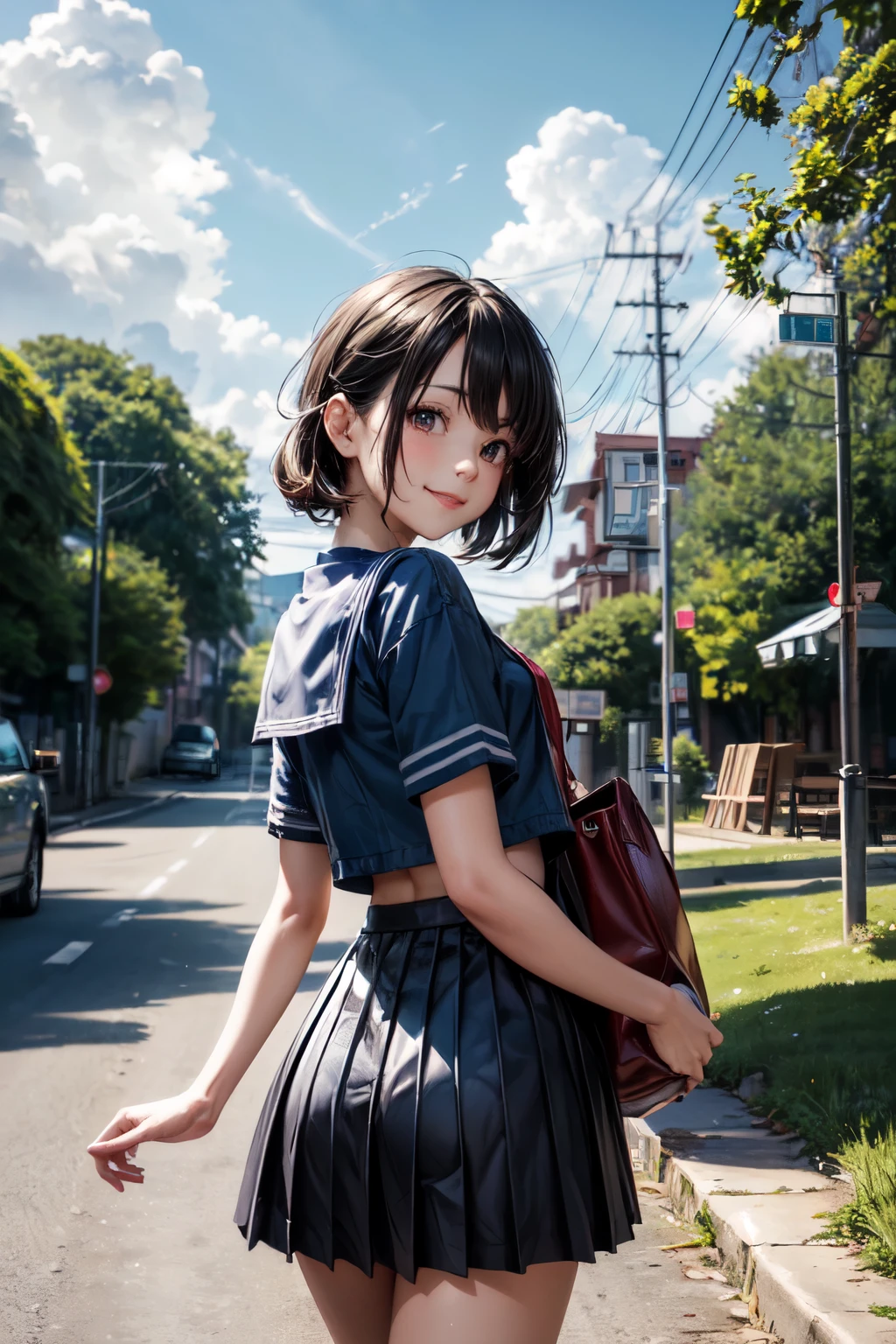 very cute and beautiful girl,sailor ,(highly detailed beautiful face),
(walking slopy road to sea),roadside trees,restaurant,summer cloud,beautiful sky,holding bag,pleated navyblue mini skirt,
cowboy shot,(smile:1.2),happy,(looking back,from behind),looking at viewer,
(best quality,masterpiece),absurdres,highres,ultra-detailed,extremely detailed,32k,8k resolution,
intricate details,cinematic scene,detailed background,solo,