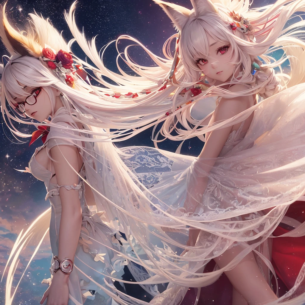 best quality, 8k, original photo, Ridiculous, Extremely detailed, Fox-eared maiden,baby face, No makeup, Provocative expressions,slim, Perfect proportion, White straight hair, (wind, wind-effect), Red Eyes, Various visual styles for backgrounds,combines various artistic elements,like a sparkling iridescent rainbow,Fox tail,Lace dress,wearing glasses