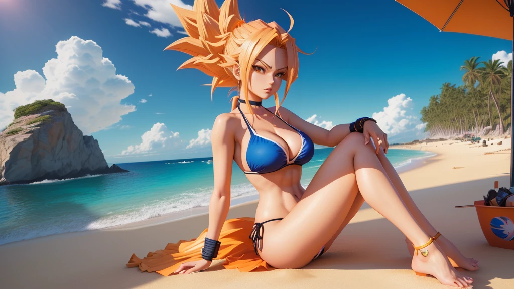 painting of a woman in a bikini sitting on the beach, garota saiyajin, female Goku, Goku humano fotorrealista, Super Saiyajin, estilo anime 3d, estilo de arte de dragon ball, anime altamente detalhado, Admirador de arte, High detail iconic character, 3d anime poster, anime 3 d art, foto aproximada, retrato altamente detalhado de goku, estilo anime 3 d realista