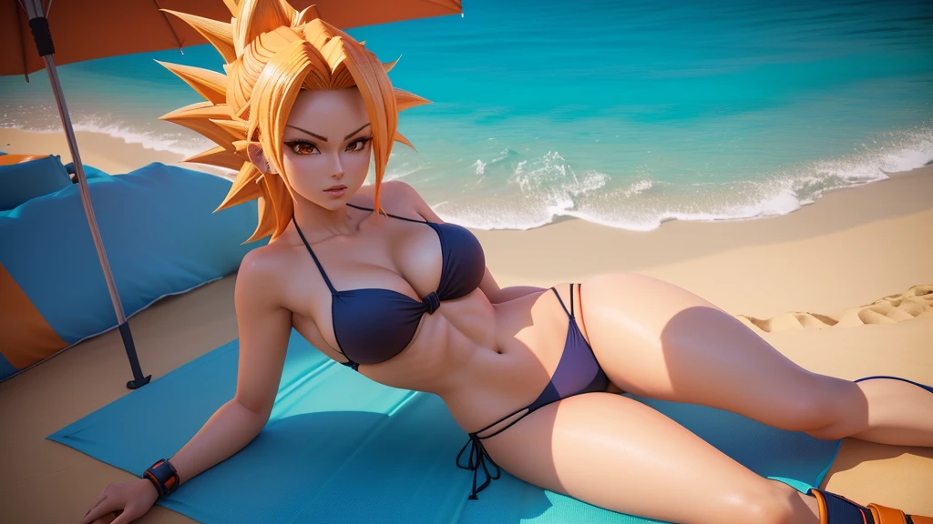 painting of a woman in a bikini sitting on the beach, garota saiyajin, female Goku, Goku humano fotorrealista, Super Saiyajin, estilo anime 3d, estilo de arte de dragon ball, anime altamente detalhado, Admirador de arte, High detail iconic character, 3d anime poster, anime 3 d art, foto aproximada, retrato altamente detalhado de goku, estilo anime 3 d realista