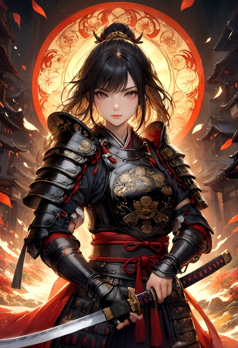 a picture of Japanese female samurai, she has long black hair, wearing samurai armor, armed with a katana, ready for battle, dynamic angle,, Japanese fantasy art, (Masterpiece: 1.5), 16k, highres, best quality, high details, ultra detailed, masterpiece, best quality, (extremely detailed), arafed, dnd art, JapaneseKatana, wtrcolor style