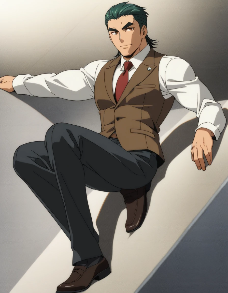 1man, vice principal, middle-muscular, middle mullet hairstyle, dark-green hair, slicked back, copper-colored eyes, middle-thick eyebrows, square-shaped head, handsome, ordinary, 30yo, BREAK solo, fomal beige three-piece suit, brown vest, red tie, white collared shirt, soft smile, fullbody, in bible black style, elegant quality, 2000s, extreme all detailed, masterpiece, best quality