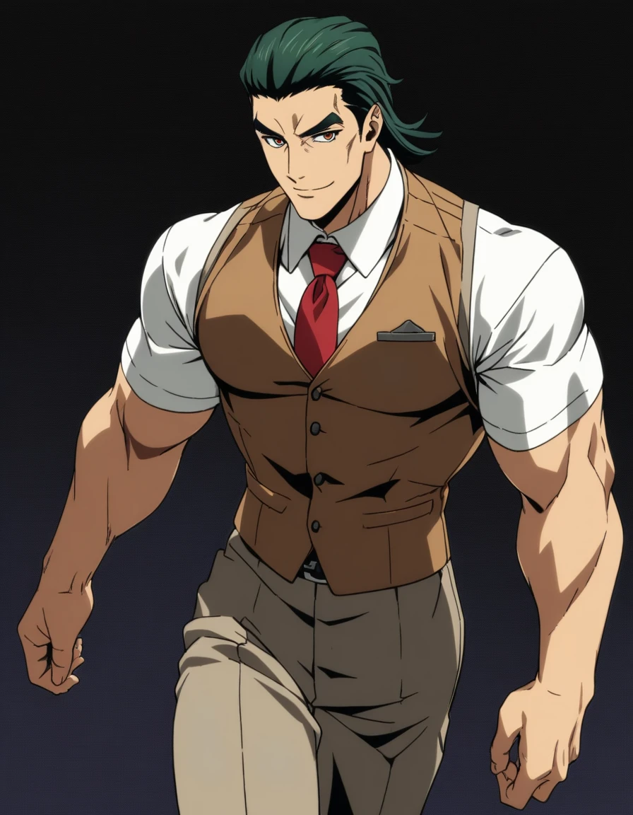 1man, vice principal, middle-muscular, middle mullet hairstyle, dark-green hair, slicked back, copper-colored eyes, middle-thick eyebrows, square-shaped head, handsome, ordinary, 30yo, BREAK solo, fomal beige three-piece suit, brown vest, red tie, white collared shirt, soft smile, fullbody, in bible black style, elegant quality, 2000s, extreme all detailed, masterpiece, best quality