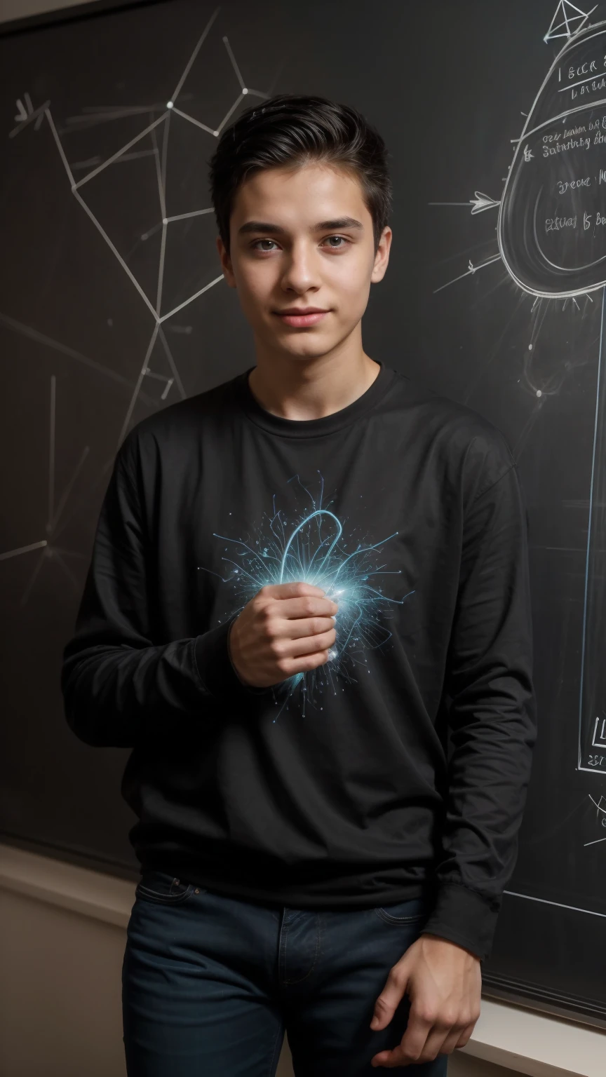 A beautiful, twinkling young man, a cute male, who is a genius in science. He has black hair and wears a long-sleeved aquamarine shirt and black jeans. He looks proudly in his office, and behind him is a blackboard with neurons written on it and neon energy coming out of it.
