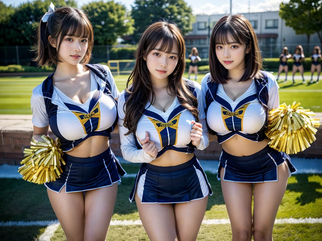 (RAW photo, 4k, masterpiece, high resolution, extremely complex) (realistic: 1.4), cinematic lighting
 ((2 girls, 2 schoolgirls)),blushing,((innocent)),bright eyes,round eyes,blunt bangs,(short bob hair:1.3),black hair,large breasts,wide hips,Summer Noon, ,Hot, (Best Quality), (Highres), (an Extremely Delicate and Beautiful),(Beautiful 8k face),(Brown eyes),( spectators),(gigantic breasts),(Play with each other,Touching each other's bodies,Touching the body),(cheer girl:1.5),(a miniskirt),(reality),bright lighting,(The background is a luxury hotel room)