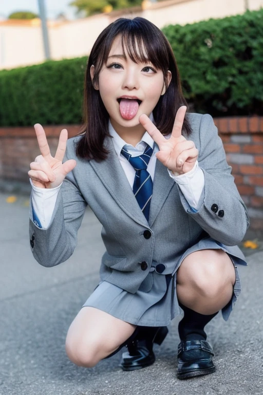 ((Highest quality)), Photogenic, Detailed skin, Detailed face, （Side-eyed tongue:1.5）,ahegao, Mouth Opening, Long wet tongue, Drooling tongue, School classroom,Red Tie Uniform, ((Neat grey blazer 1.4)),（(Grey no-tuck mini skirt:1.5)) ,, Shortcuts,Brown Hair, A mocking smile,（Thighs:1.5) ,knees, (((Crouched whole body:1.6))), pretty girl，Fresh and muscular thighs, loafers, White short socks with frills, Crouching, As if peering at me, Panty shot, ((((fellatio gesture: 1.6))), ((Spread your legs out to the side:1.4)), Anatomically correct,