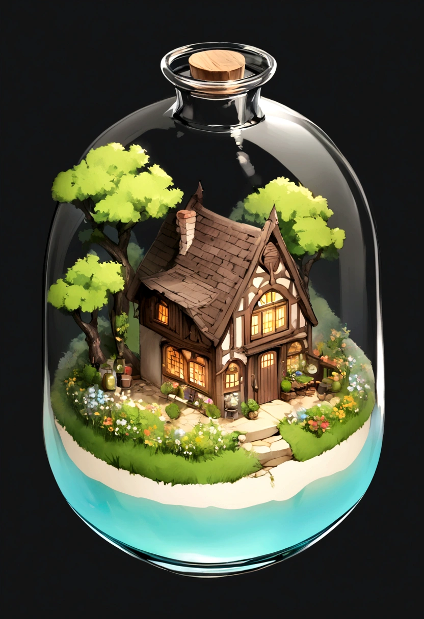 Round glass bottle with a cottage inside,No background