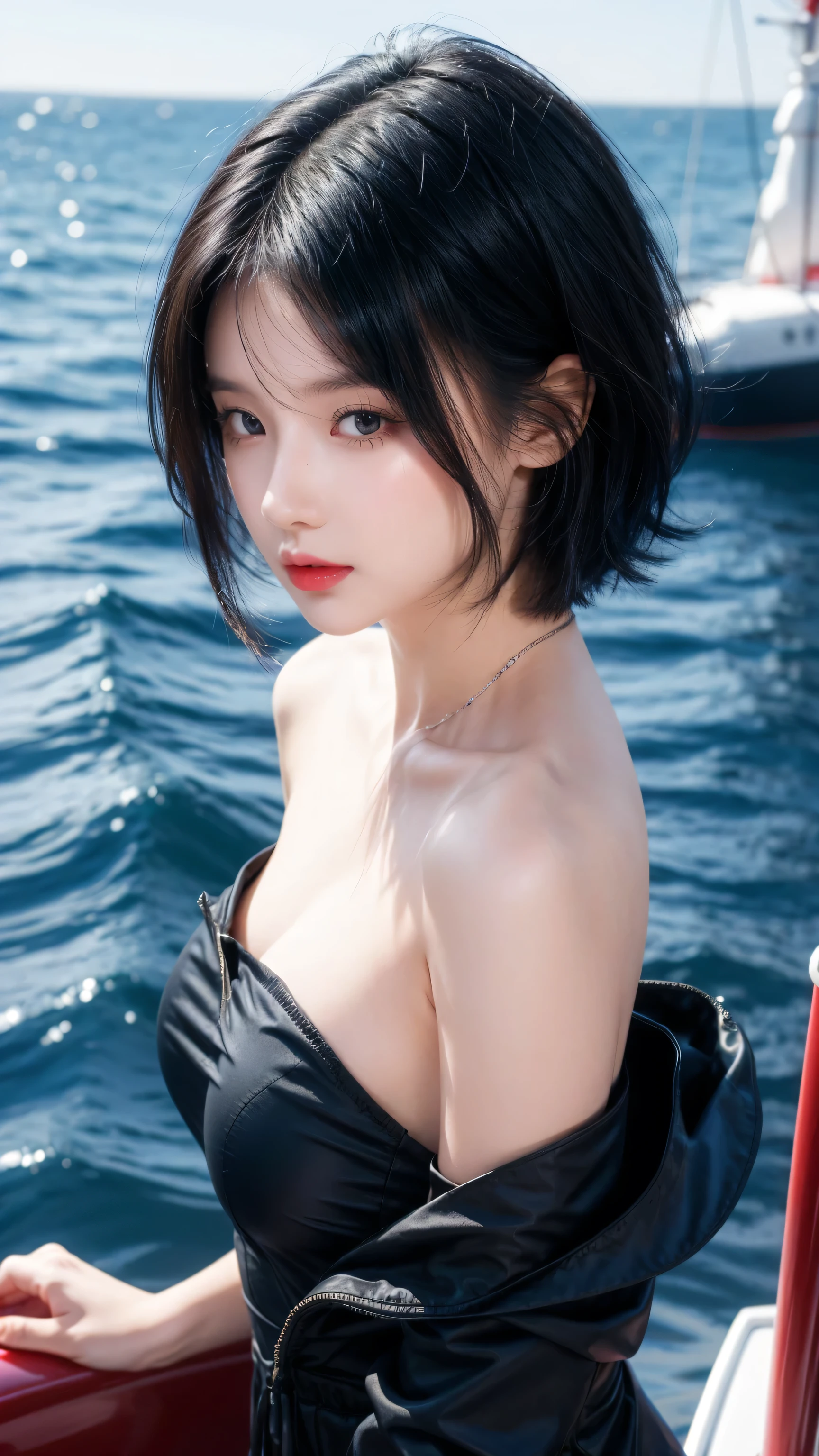 best quality, 1 Girl, dark blue hair, black eyes, Very short hair, Spiky hair, wears a dark red dress，A cropped dress, 171 cm, Messy hair, Hair between the eyes, Medium breasts, full, Tomboy, aldult, 20 years old, 1 Girl with yatch black luxury at the sea