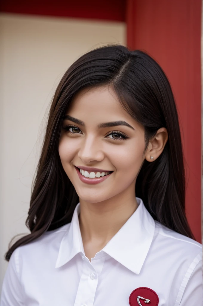 Chica, cabello cherry, ojos marrones, uniforme negro y corbata roja, pale skin, sonriendo