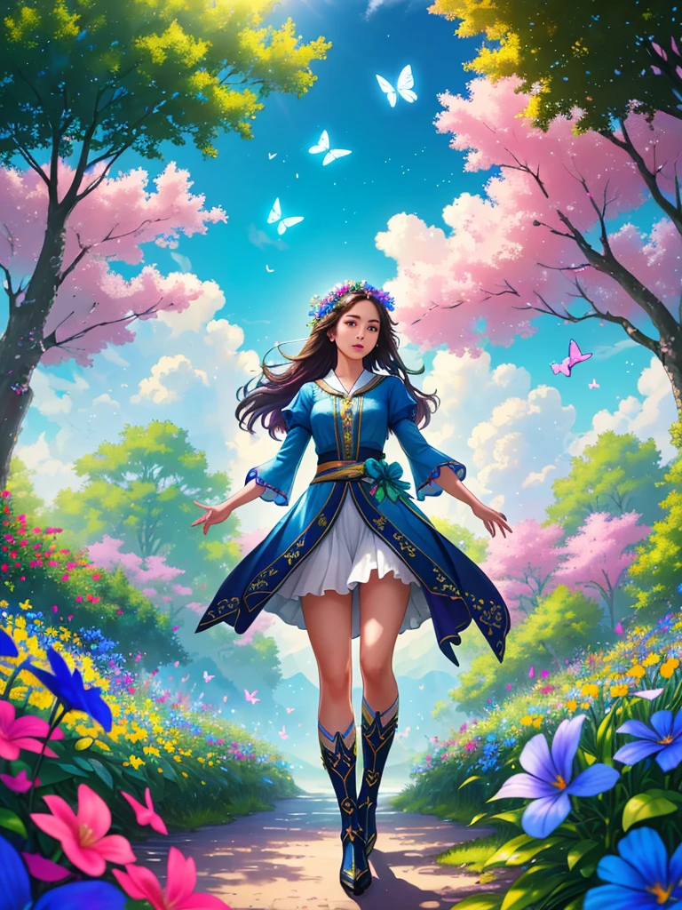 masterpiece, best quality, high quality, Very detailed cg unity 8k wallpaper, An extremely colorful and pure fantasy environment,Vibrant hues and bright skies, Bright green grass landscape, colorful trees, Sparkling fruit, and bright blue flowers. The stream is dark blue, The air is filled with a sweet exotic scent. The environment seems to have come out of a dream., Glowing butterflies and colorful birds flying around, Award-winning photography, Bokeh, Depth of Field, high dynamic range, Bloom, Chromatic Aberration ,Realistic,Very detailed, Hot topics on artstation, cgsocial trends, Wheels within wheels, high detail, Dramatic, midjourney's Artwork