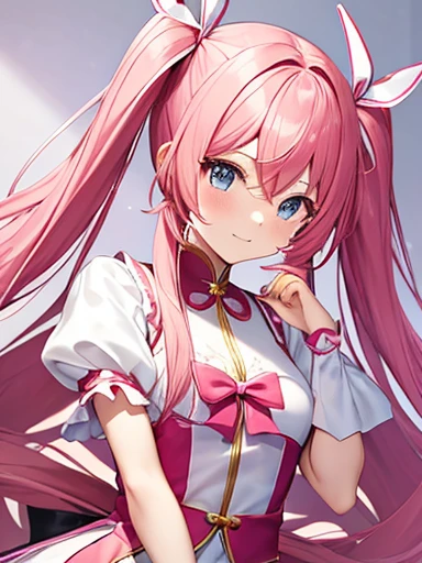 high quality，masterpiece。A cute magical girl with very long pink hair，The hairstyle is long twin tails。She stands upright with her face and body facing the viewer，True Identity。Her hands are empty，Don&#39;t move your hands。She seems tall，Her breasts are very large，Good style，She has the perfect proportions as a woman.。She is smiling with her pretty face，Both eyes are blue。Her outfit is、A proper magical girl costume..，Clothes that don&#39;t reveal much of the chest，The costume covers the chest，Magical Girl Costume，Costumes with flashy designs such as ribbons and frills，The costume has a white and pink color scheme..，Skirt is a mini skirt，Long white gloves on both hands，Long white socks on both feet。She is standing，Where you&#39;re standing is in the city。