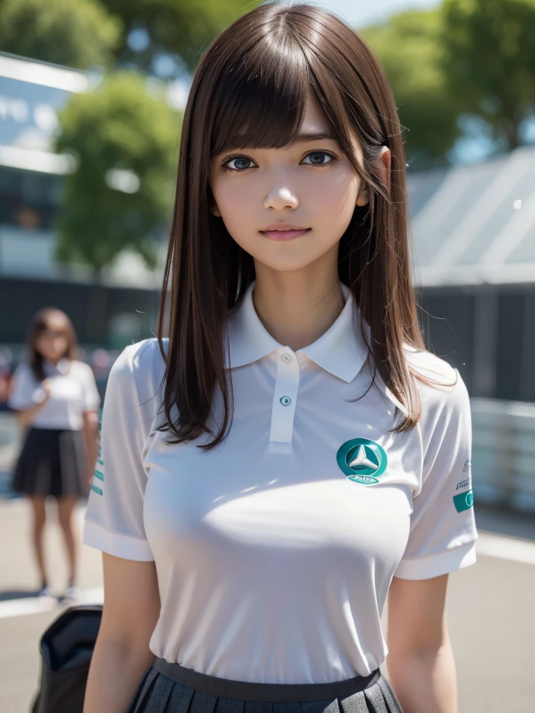 (8k, RAW Photos, Highest quality, masterpiece:1.2), (Realistic, photo-Realistic:1.4), (Highly detailed 8K wallpapers), ((Full Body Shot)), (1 girl), Sharp focus, Depth of written boundary, Cinematic lighting, Soft Light, 緻密な美しさのeye, eye_Chan, Very beautiful girl, innocent big eyes, Realistic, photo Realistic, Highly detailed cute girl, (Thin thighs), (Model Body Type), 18-year-old, (((F1 Mercedes-AMG Petronas Formula One Team Polo Shirt))), ((Micro Mini Pleated Skirt)), (((Fold your arms in front of your chest and act arrogantly))), ((A happy smile)), Parted lips, Watching the audience, (At the Nurburgring circuit) , (Brown Hair),(Long Bob Hair), (Asymmetrical bangs)