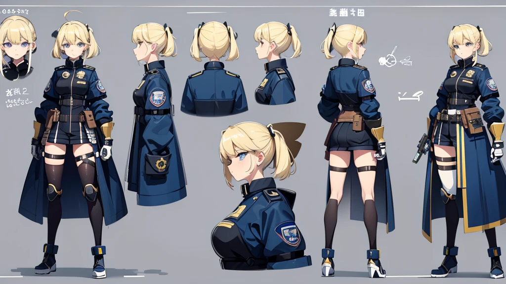 police girl ,blonde hair,blue eye,character design sheet, character turnaround, character in different poses