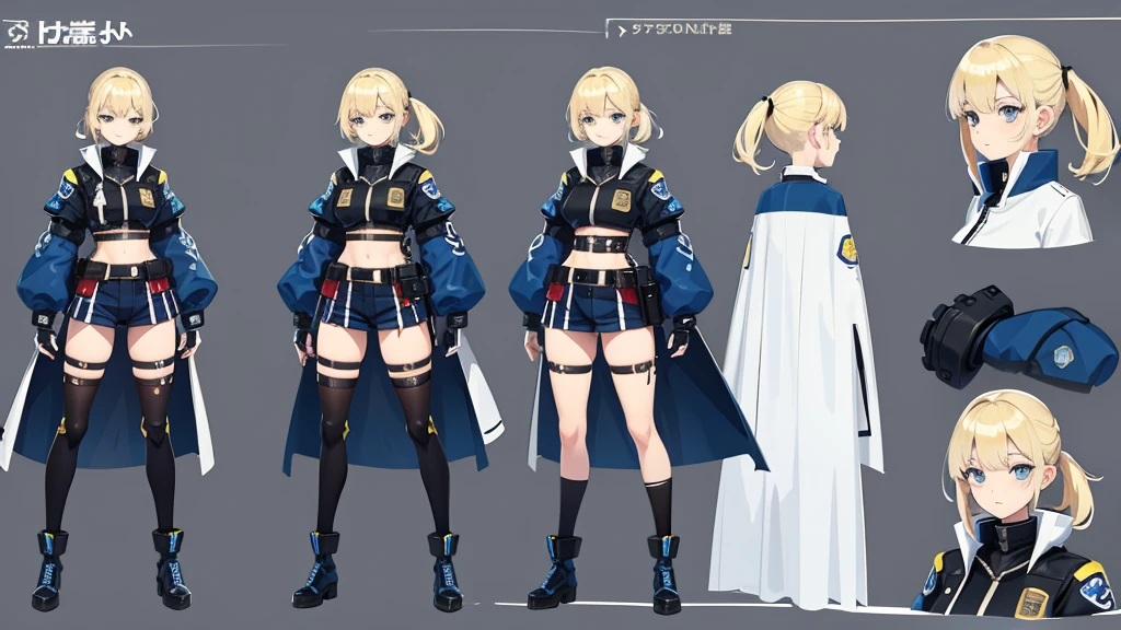 police girl ,blonde hair,blue eye,character design sheet, character turnaround, character in different poses