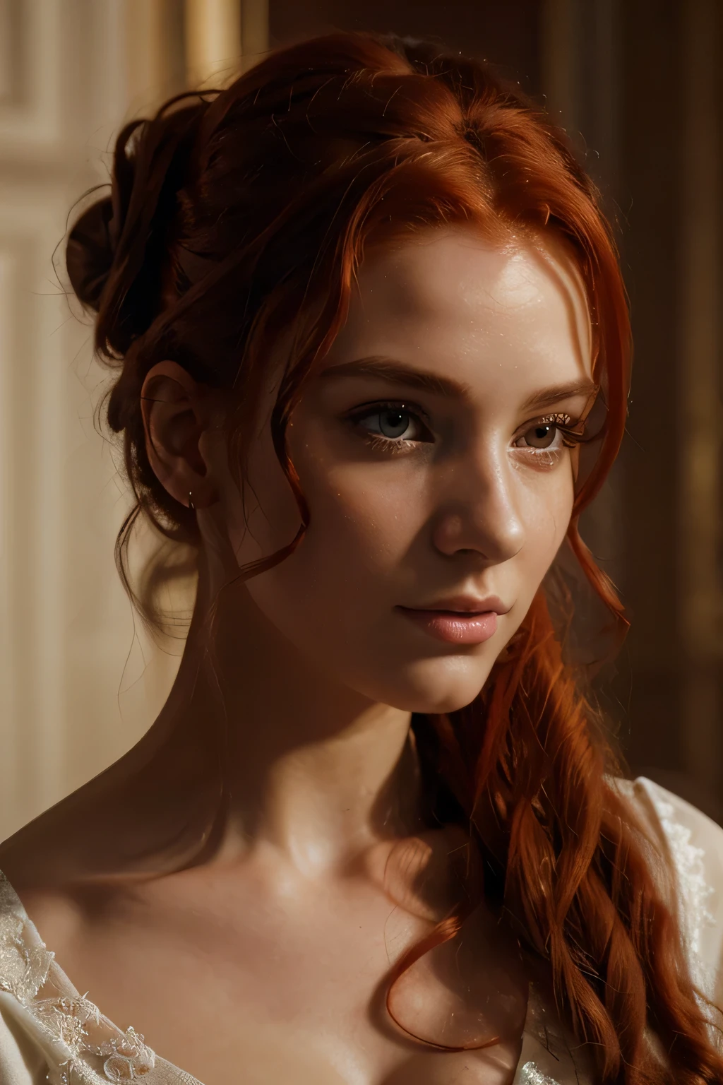 8 k, (Best quality), masterpiece, very detailed, (realistic), young woman, ((long very curly red hair)), hair tied up in a high updo, Ultra detail, ultra realism, гиперrealistic, Cinematic picture, play of light, half face in shadow, close-up 