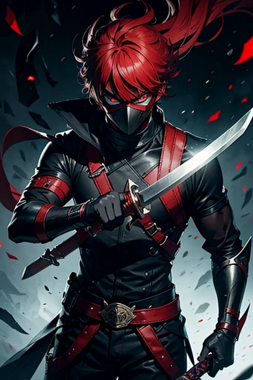 Man with red eyes using mask and bring sword with him
