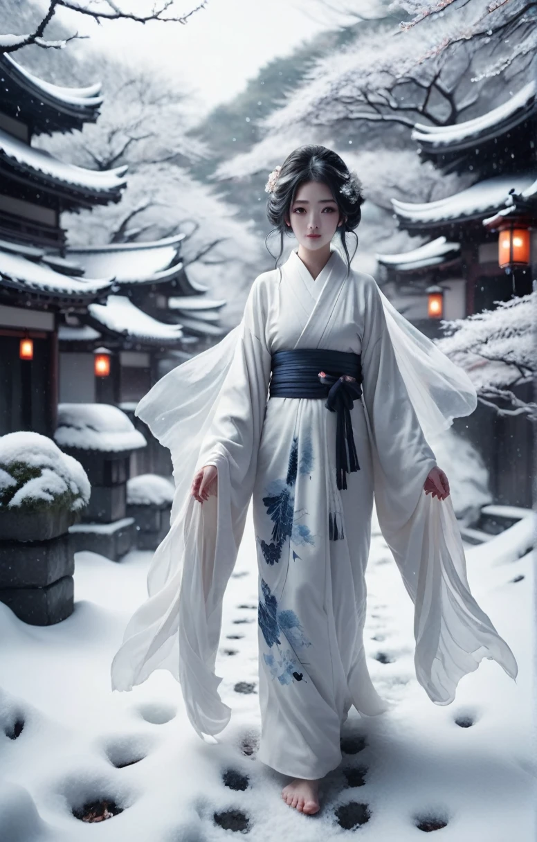 Calm colors, , Ghost Style, Dark and creepy (Haunted:1.4)  (hundreds of Haunted ghosts roam:1.2). Dreamy illustration, Surreal fantasy, Snow Scene: Snowy landscape and falling snowflakes。
Beautiful female figure: A woman wearing a white kimono or yukata、Walking in the snow。
Coldness and fragility: A cold look or、A fleeting smile in the snow。
Traditional elements of Japan: A design themed around snow and ice that reflects traditional Japanese aesthetics。