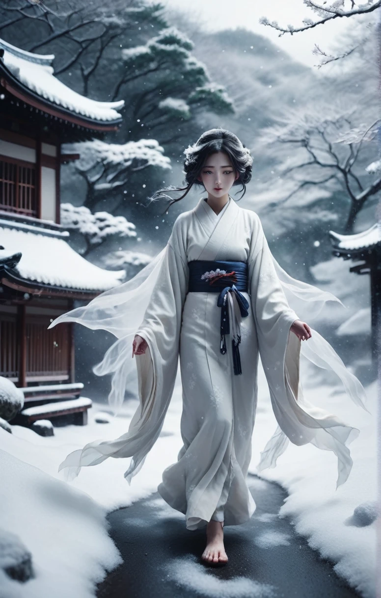 Calm colors, , Ghost Style, Dark and creepy (Haunted:1.4) (hundreds of Haunted ghosts roam:1.2). Dreamy illustration, Surreal fantasy, Snow Scene: Snowy landscape and falling snowflakes。
Beautiful female figure: A woman wearing a white kimono or yukata、Walking in the snow。
Coldness and fragility: A cold look or、A fleeting smile in the snow。
Traditional elements of Japan: A design themed around snow and ice that reflects traditional Japanese aesthetics。