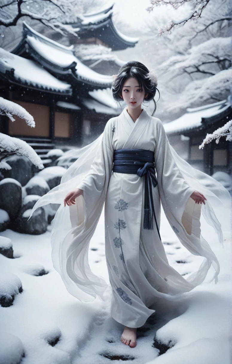 Calm colors, , Ghost Style, Dark and creepy (Haunted:1.4) (hundreds of Haunted ghosts roam:1.2). Dreamy illustration, Surreal fantasy, Snow Scene: Snowy landscape and falling snowflakes。
Beautiful female figure: A woman wearing a white kimono or yukata、Walking in the snow。
Coldness and fragility: A cold look or、A fleeting smile in the snow。
Traditional elements of Japan: A design themed around snow and ice that reflects traditional Japanese aesthetics。