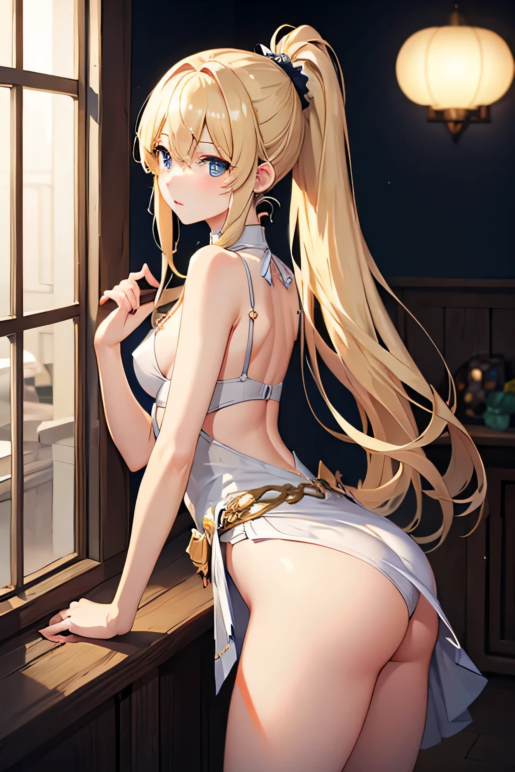 Blonde straight long、Smooth Hair、、high resolution、Masterpiece、Small breasts、skirt、Butt、ponytail、