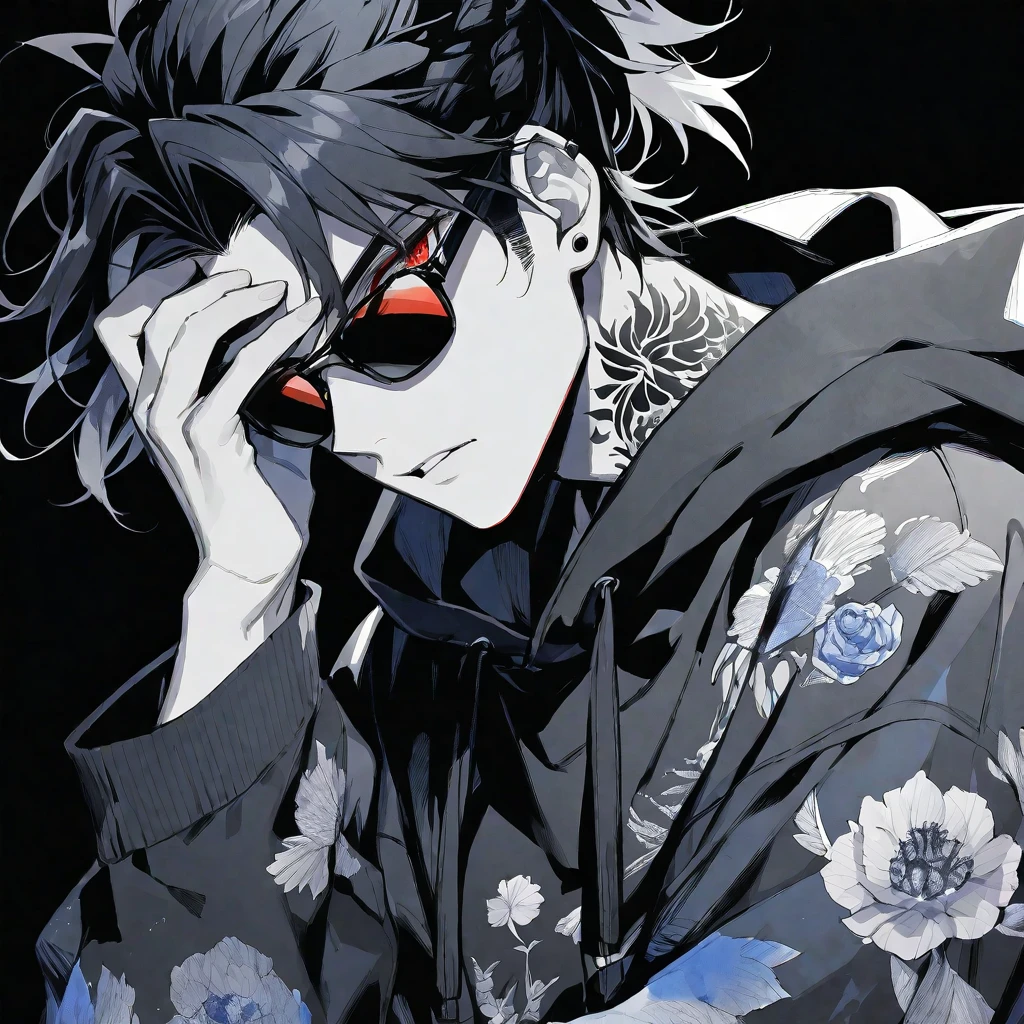 solo, handsome, Monochrome,watercolor,1 male, Ponytail, Braided black hair, red eyes, Gojo Satoru,casual,Blue Rose Tattoo,black Oversized hoodie,casual,Stylish,cool,sunglasses,
blackbackground,icon,Despise face up