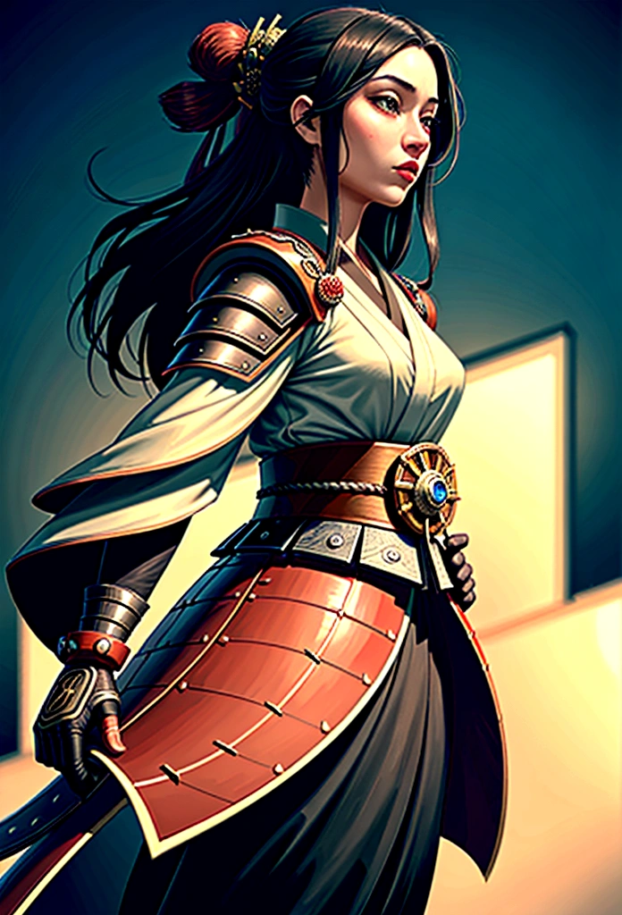 a picture of Japanese female samurai, she has long black hair, wearing samurai armor, armed with a katana, ready for battle, dynamic angle,, Japanese fantasy art, (Masterpiece: 1.5), 16k, highres, best quality, high details, ultra detailed, masterpiece, best quality, (extremely detailed), arafed, dnd art, JapaneseKatana, wtrcolor style