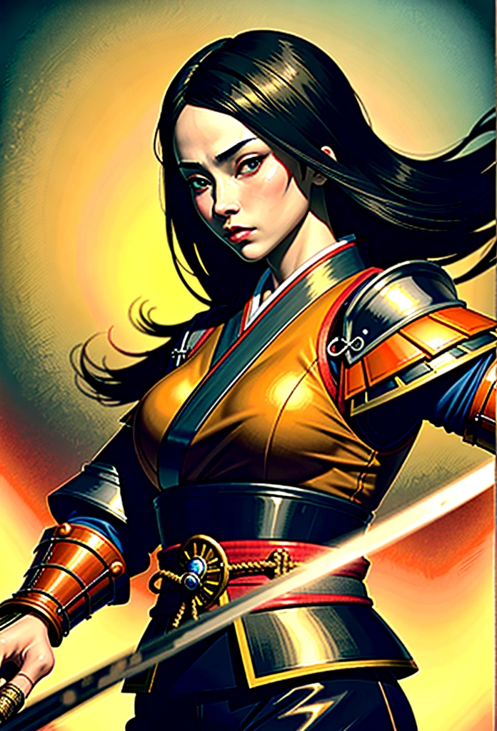 a picture of Japanese female samurai, she has long black hair, wearing samurai armor, armed with a katana, ready for battle, dynamic angle,, Japanese fantasy art, (Masterpiece: 1.5), 16k, highres, best quality, high details, ultra detailed, masterpiece, best quality, (extremely detailed), arafed, dnd art, JapaneseKatana, wtrcolor style