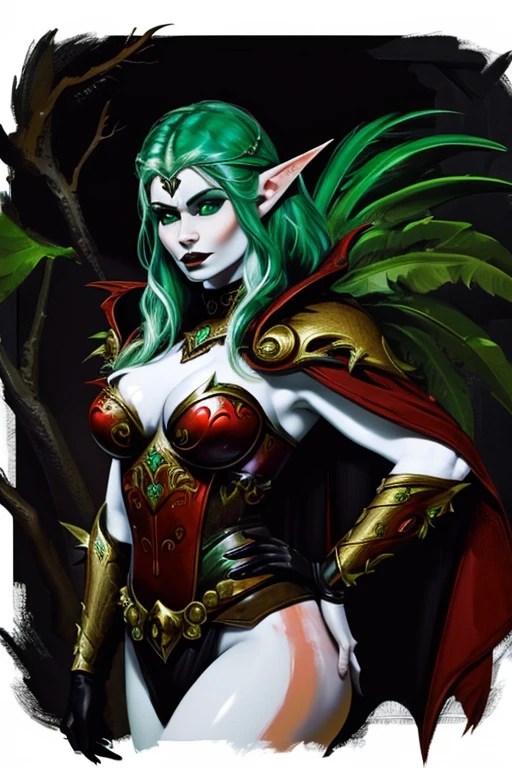 ((ultra realistic illustration:1.2)),(dark fantasy:1.4), In a mystical forest. Beautiful Elven archer. Wild spiky(green hair), red eyes, ((very pale:1.4)), beautifully fit figure, medium perky . (tribal warpaint), leather bustier(,armor), cape, thigh high boots .Masterpiece, (highly detailed:1.2),(detailed face and eyes:1.2), 8k wallpaper, natural lighting. core shadows, high contrast, bokeh.