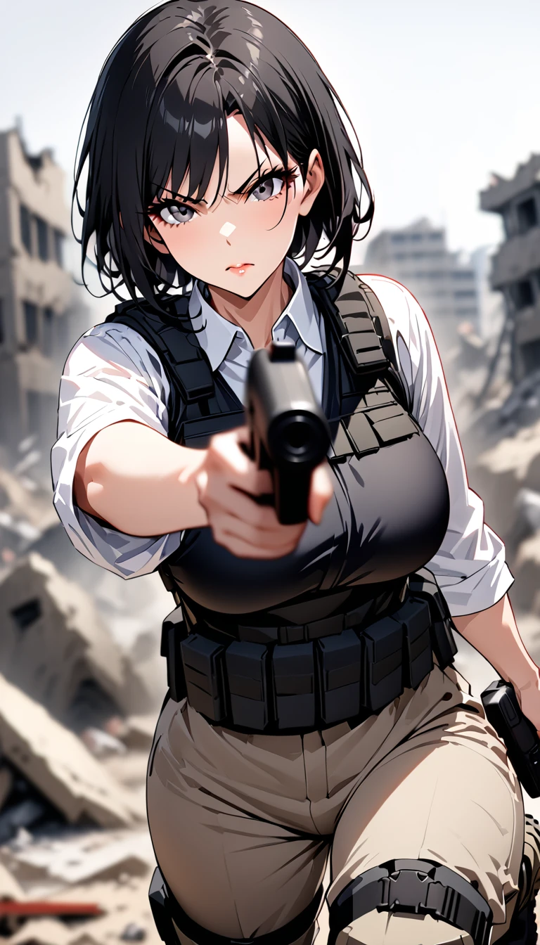 ((masterpiece)),((highest quality)),((High resolution)),((Very detailed)),One woman,48 years old,Mature Woman,Japanese,Black Hair,Short Bob,Beautiful Eyes,Long eyelashes,Beautiful Hair,Beautiful Skin,Serious,Large Breasts,BREAK(((pointing pistol))),Handgun,White shirt,black bulletproof vest, Combat Boots, Black Tactical Forster,Tactical Headset,(The background is the rubble of ruins),(((Background Blur)))