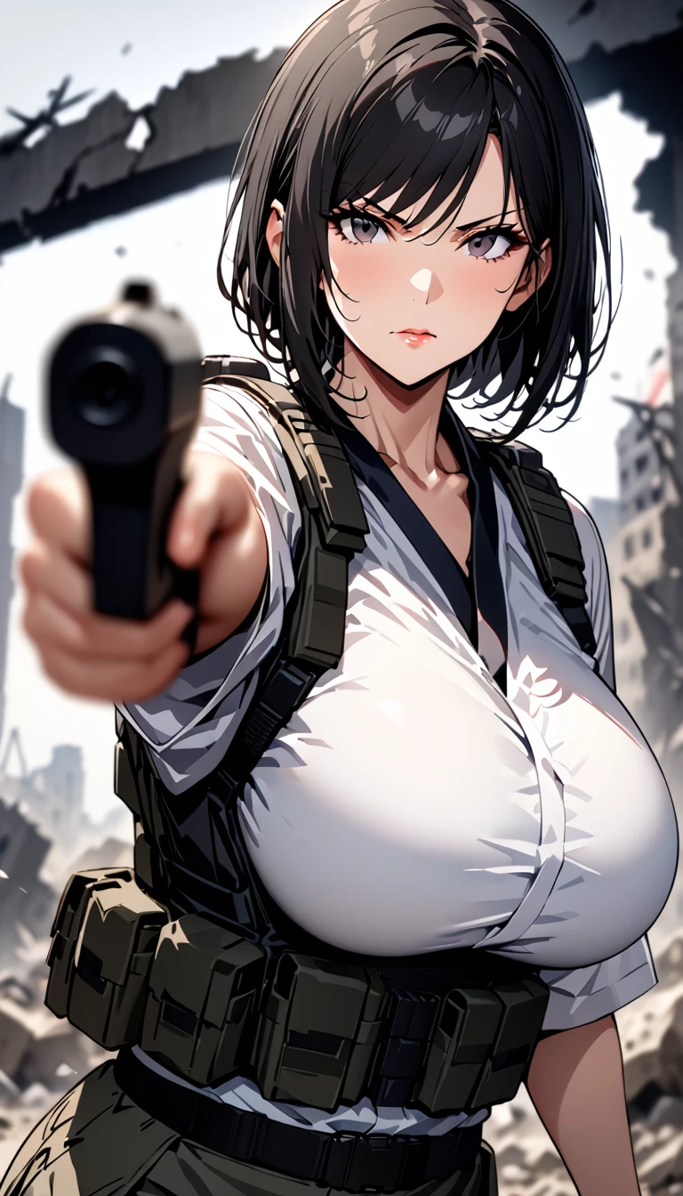 ((masterpiece)),((highest quality)),((High resolution)),((Very detailed)),One woman,48 years old,Mature Woman,Japanese,Black Hair,Short Bob,Beautiful Eyes,Long eyelashes,Beautiful Hair,Beautiful Skin,Serious,Large Breasts,BREAK(((pointing pistol))),Handgun,White shirt,black bulletproof vest, Combat Boots, Black Tactical Forster,Tactical Headset,(The background is the rubble of ruins),(((Background Blur)))