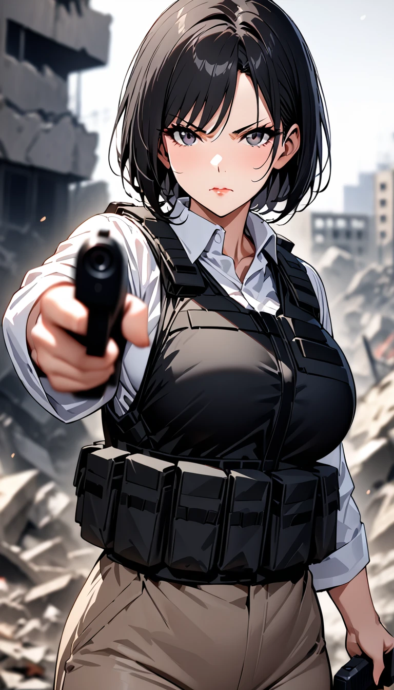 ((masterpiece)),((highest quality)),((High resolution)),((Very detailed)),One woman,48 years old,Mature Woman,Japanese,Black Hair,Short Bob,Beautiful Eyes,Long eyelashes,Beautiful Hair,Beautiful Skin,Serious,Large Breasts,BREAK(((pointing pistol))),Handgun,White shirt,black bulletproof vest, Combat Boots, Black Tactical Forster,Tactical Headset,(The background is the rubble of ruins),(((Background Blur)))