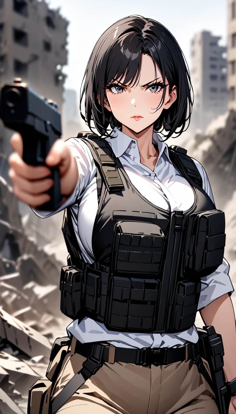 ((masterpiece)),((highest quality)),((High resolution)),((Very detailed)),One woman,48 years old,Mature Woman,Japanese,Black Hair,Short Bob,Beautiful Eyes,Long eyelashes,Beautiful Hair,Beautiful Skin,Serious,Large Breasts,BREAK(((pointing pistol))),Handgun,White shirt,black bulletproof vest, Combat Boots, Black Tactical Forster,Tactical Headset,(The background is the rubble of ruins),(((Background Blur)))