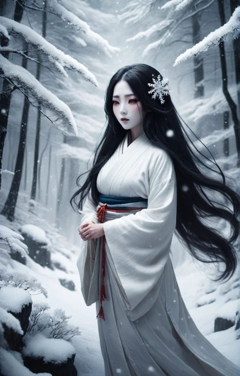{
  "prompt": "A realistic depiction of Yuki-onna, a mythical snow woman from Japanese folklore, in a snowy landscape. She is a beautiful woman with long black hair, wearing a traditional white kimono. The scene should be cold and ethereal, with snowflakes falling gently around her. The background should feature a serene winter forest with snow-covered trees. The overall mood should be mysterious and slightly eerie, capturing the haunting beauty of Yuki-onna. The image should be in a vertical, portrait orientation (9:16 aspect ratio).",
  "size": "1024x1792"
