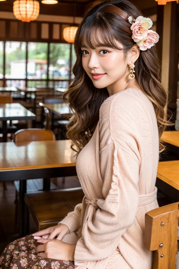 Family restaurant parking lot, full-time housewife, ((full body)), ((photo)), ((best qualtiy, 8K, tmasterpiece:1.3)), Focus:1.2, perfect figure beautiful girl:1.4, 1girl, cowboy shot, look at viewer, incredibly absurd, beautiful and cute girl with a photorealistic face, showcasing top-quality craftsmanship, Japanese woman eating at a family restaurant, 21 years old, medium-long brown hair, parted in the middle with curls at the ends, bangs cut above the eyes, naturally rounded hairline, large chocolate brown eyes, long eyelashes, cherry blossom lips, slightly high nose, oval face, fine skin, plump cheeks, soft chin, gentle smile, glamorous, fair skin, large buttocks, beautiful D-cup breasts, beige dress, pink cardigan, floral scarf, earrings, hair accessory, pretty older woman, beautiful, glamorous, gentle, attentive, passionate, curious, loves to talk, September