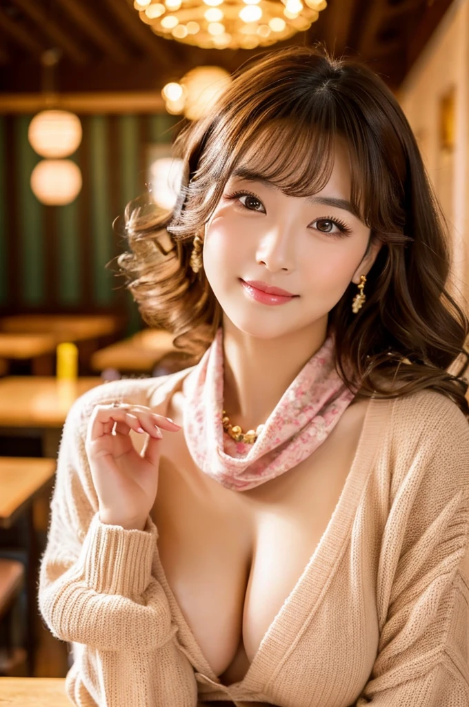Family restaurant parking lot, full-time housewife, ((full body)), ((photo)), ((best qualtiy, 8K, tmasterpiece:1.3)), Focus:1.2, perfect figure beautiful girl:1.4, 1girl, cowboy shot, look at viewer, incredibly absurd, beautiful and cute girl with a photorealistic face, showcasing top-quality craftsmanship, Japanese woman eating at a family restaurant, 21 years old, medium-long brown hair, parted in the middle with curls at the ends, bangs cut above the eyes, naturally rounded hairline, large chocolate brown eyes, long eyelashes, cherry blossom lips, slightly high nose, oval face, fine skin, plump cheeks, soft chin, gentle smile, glamorous, fair skin, large buttocks, beautiful D-cup breasts, beige dress, pink cardigan, floral scarf, earrings, hair accessory, pretty older woman, beautiful, glamorous, gentle, attentive, passionate, curious, loves to talk, September