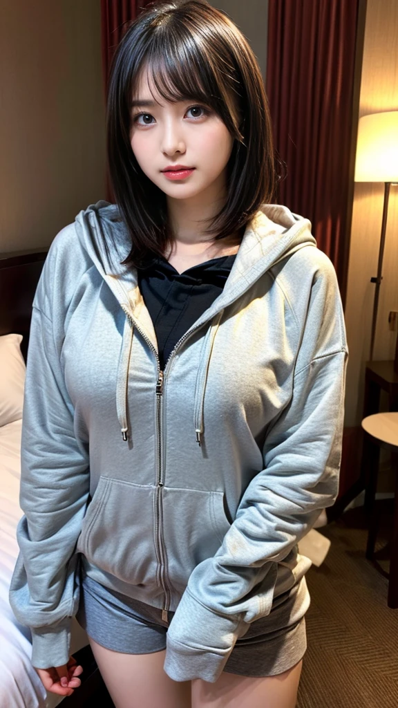 masterpiece, best quality, illustration, Super detailed, fine details, High resolution, 8K,wall paper, perfect dynamic composition,(Details High quality, realistic depiction of eyes:1.3), (Oversized Light Gray Hoodie:1.2), Erotic Shorts, big breasts, short bob hair、black hair color, Big Natural Color Lip, bold sexy pose, (perfect body shape), crying a little、Harajuku style、20 year old girl、cute type、lolita、beautiful legs, hotel room, gravure idol