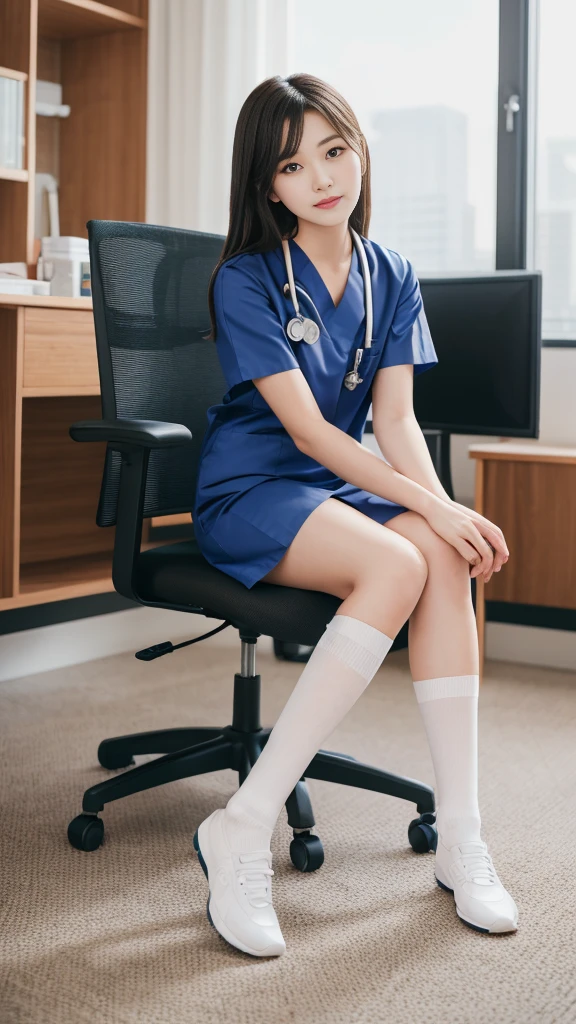 A 28year-old woman wearing a white nurse uniform and sitting in a chair。Portrait of a nurse wearing nurse shoes and sitting on a chair, Wearing short white socks、Wearing a nurse uniform, Nurse, Nurse girl, Wearing short white socks、Sitting on a chair wearing short white socks, Wearing a pink blouse, Sit on a chair,
White thigh-high socks with the Nike logo